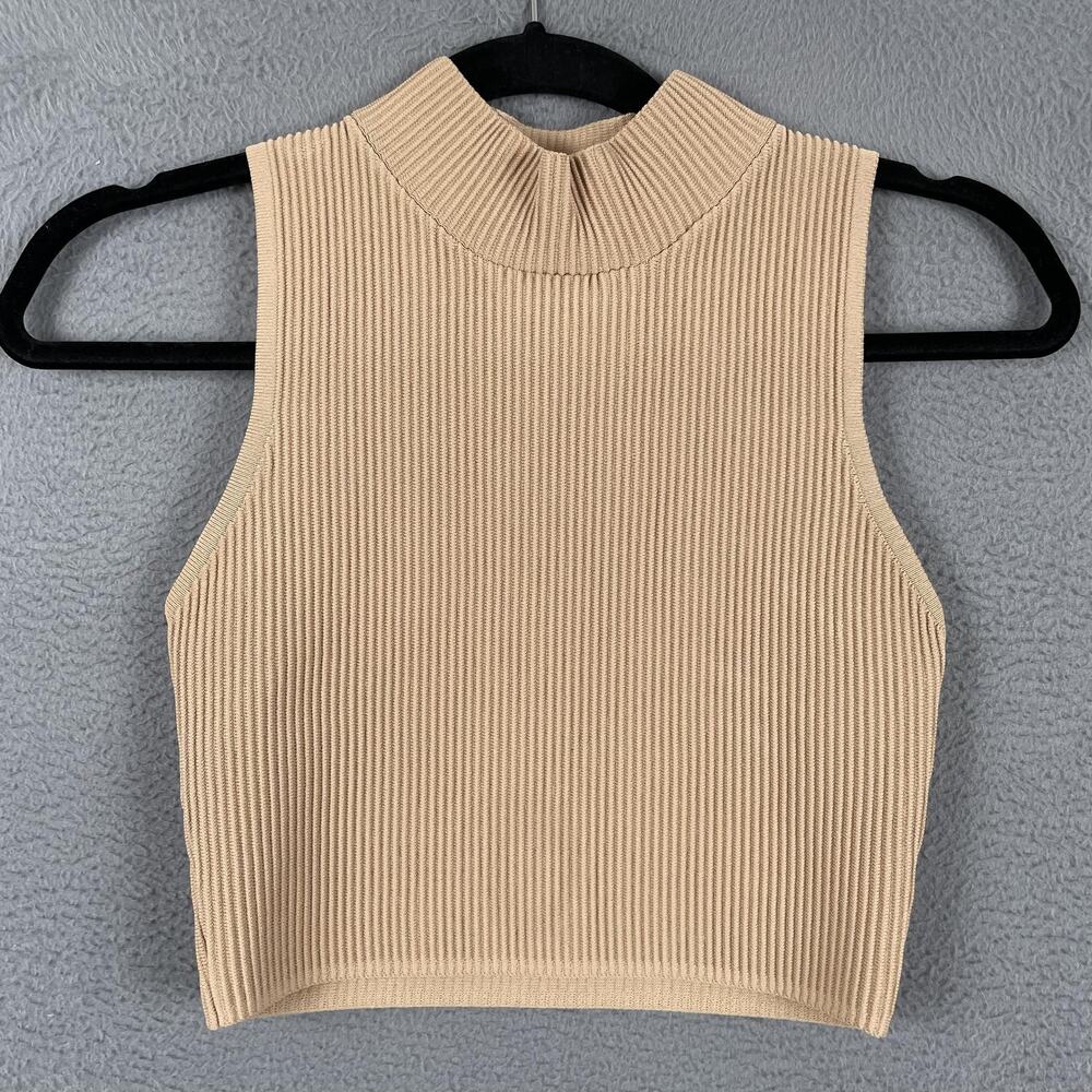 White Fox Tank Womens S Beige Cropped Mock Neck Sleeveless Stretch Knit